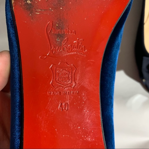 CHRISTIAN LOUBOUTIN size 40 dark blue SILK VELVET peep toe ballet flats - Picture 2 of 9